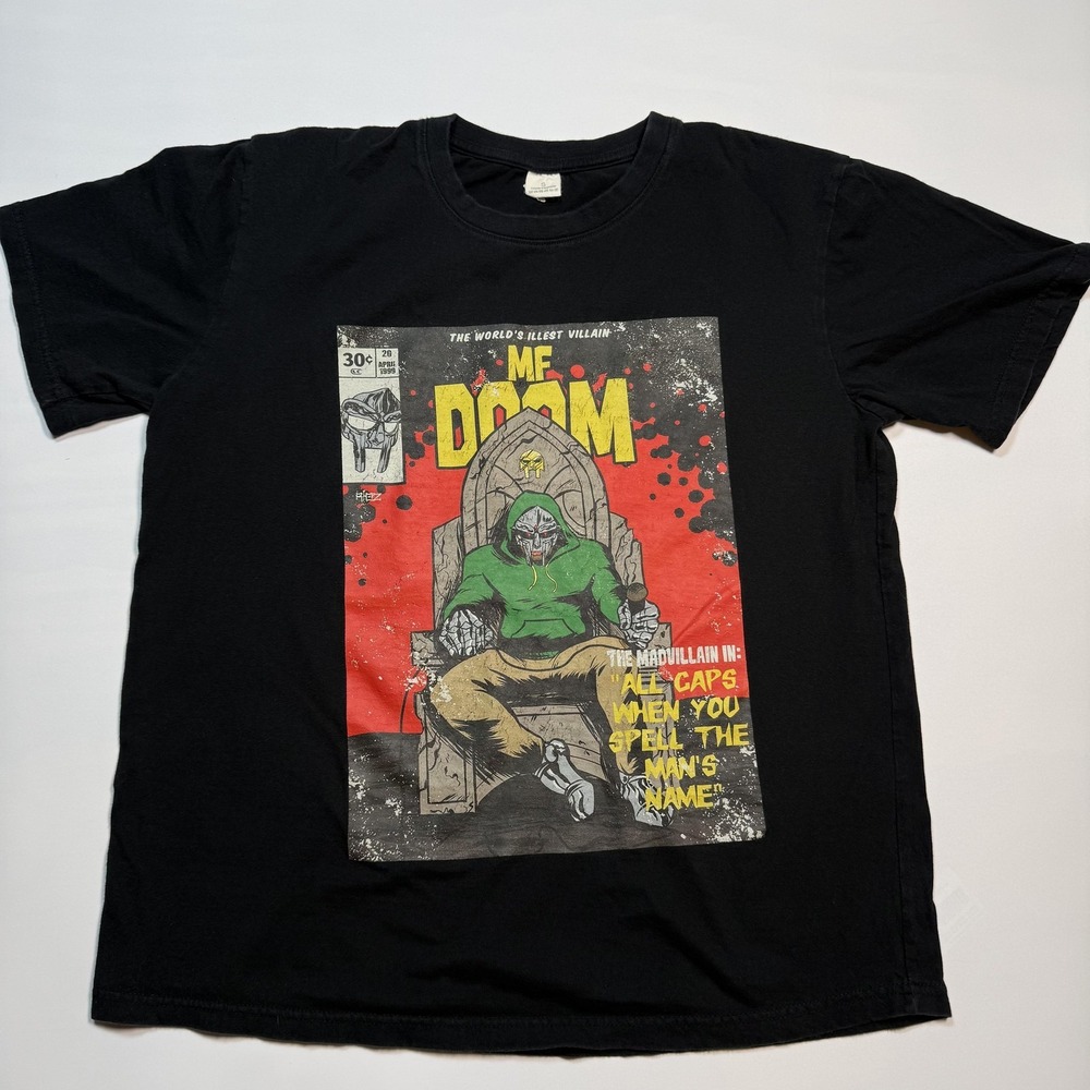 MF DOOM Shirt Mens Small Black Comic Cover All Caps Graphic Hip Hop Tee
